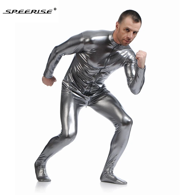Bodysuit Metalik Unisex Zentai Tanpa Tudung Dewasa, Stoking Mengkilap Satu Potong, Baju Spandex, Kostum Halloween, Overall Cosplay