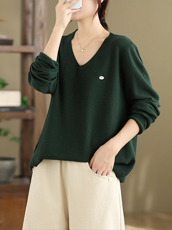 الخريف بسيط كبير الحجم المرأة فضفاض V-Ne محبوك سترة لون نقي التطريز Thiened قاعدة طبقة ملابس خارجية التخسيس #5