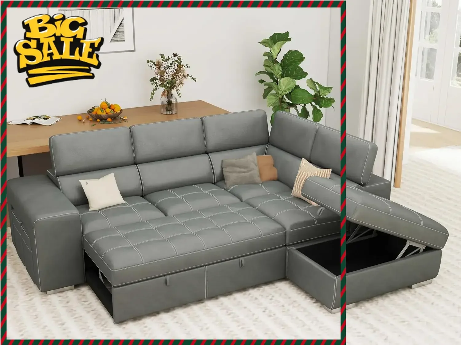 

Hot Sales104'' Microfiber L Shaped Sectional Sleeper Sofa Couch with Pull Out Bed and Storage Ottoman, Convertible Couches with