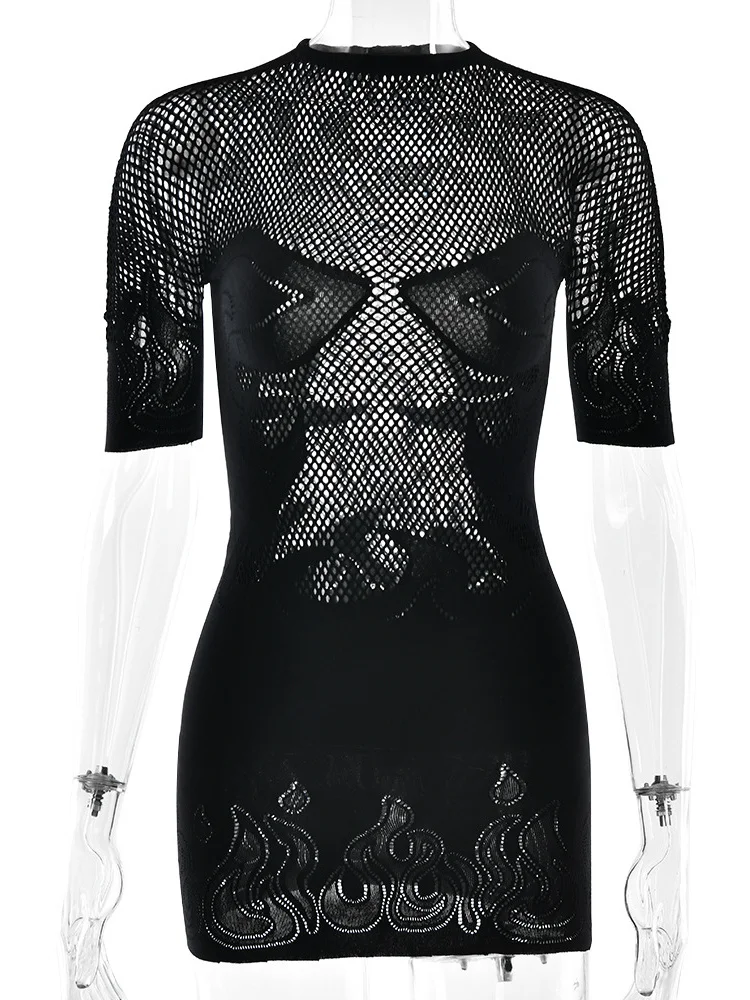 Weird Puss Sexy See Through Dress Women Flame Patchwork Print o-Neck Short Sleeve Hottie Skinny Peach Hip Street Hipster Outfits