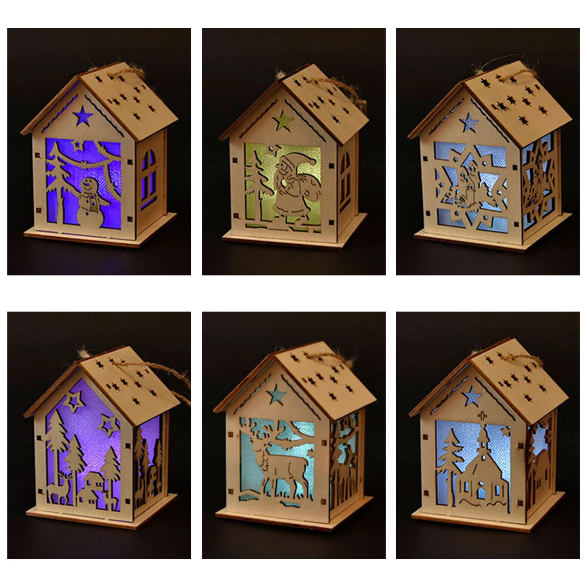 Wooden House Shape LED Light Houses For Christmas Tree With Lights Decoration Flashing Gifts Hanging Mini Decorations Table Lamp