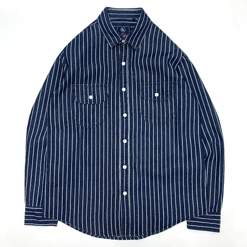 Heavy denim striped shirt May khaki Japanese vintage tooling all cotton wash loose large size long sleeve shirt