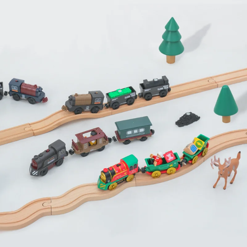 ใหม่ชุดรถไฟไฟฟ้าใช้งานร่วมกับ Thomas รถไฟไม้รถไฟของเล่นสําหรับเด็กของขวัญวันเกิดคริสต์มาส