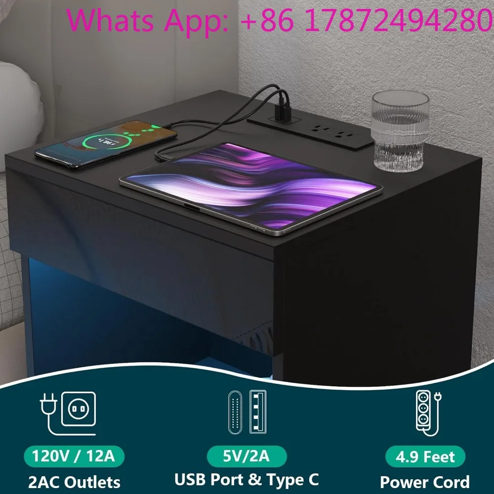 Open Shelf LED Nightstand with Charging Station 2 Drawers Bedside Table Black Night Stand