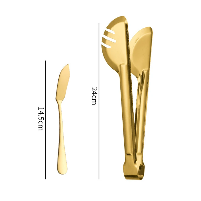 5Pcs Golden Thicken Stainless Steel Public Cutlery Set Western Service Spoon Colander Fork Cake Shovel Tongs Kitchen Tableware