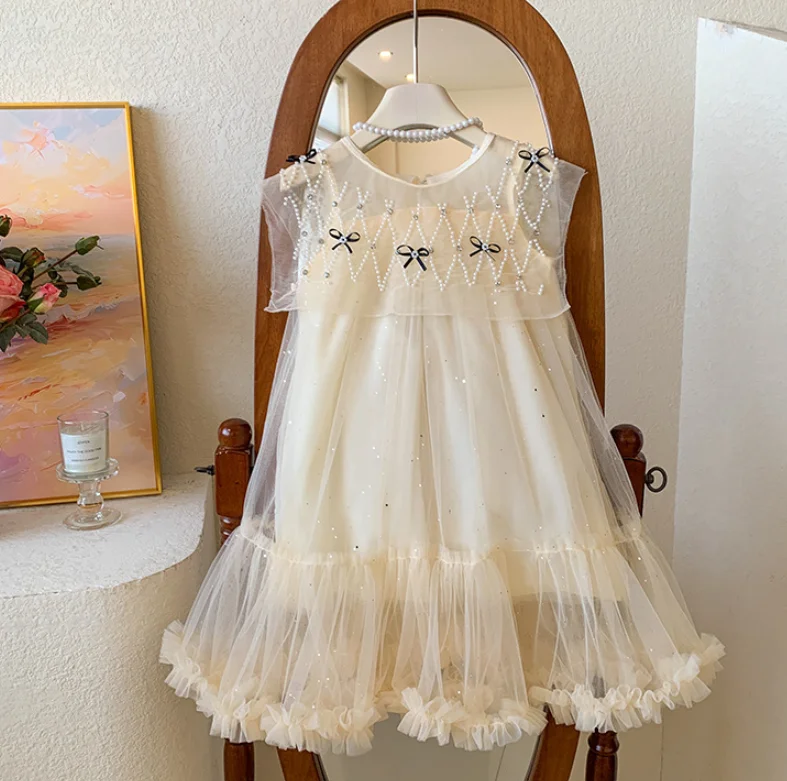

New Baby Summer Girls Sweet Sequined Mesh Dress, Princess Kids Sweet Party Dresses 3 -7 T