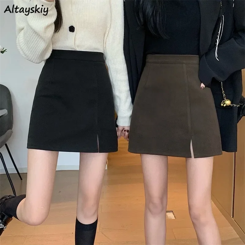 High Waist Mini Skirts for Women Side-Slit Warm Winter All-match Solid Clean Fit Casual Girls Shaped Slim Streetwear Chic Woolen