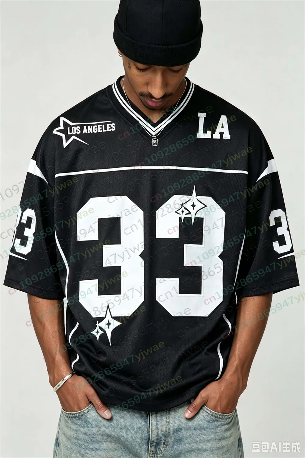 Amerikanisches Los Angeles City Street T-Shirt Nr. 33, bedrucktes Fußballtrikot, atmungsaktives Mesh, kurzärmeliges Oversize-T-Shirt, Sommer-Herren-T-Shirt – Detail 3