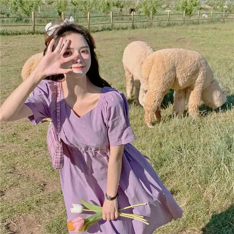 Sweet V-Neck Solid Color Shirring Bandage Bow Midi Dress Female Clothing Summer New Loose Korean Puff Sleeve Casual Dresses