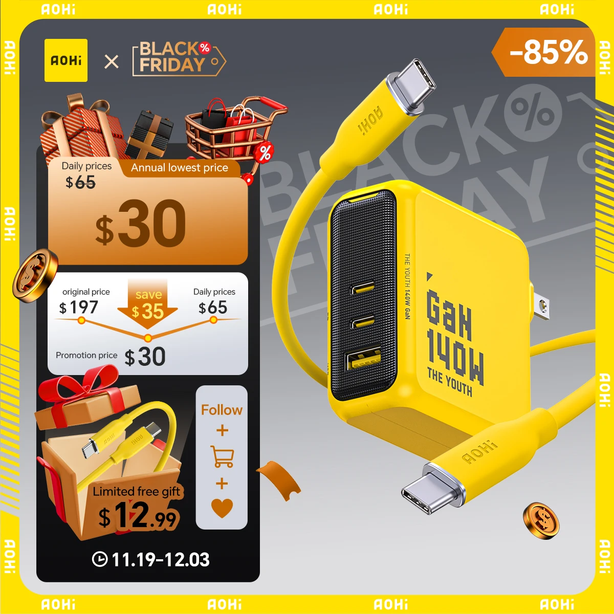 

AOHI Youth 140W GaN Charger PD3.1 3-Port Type C Quick Charge For Macbook Pro Laptop USB Fast Charger For iPhone 16 Xiaomi Tablet