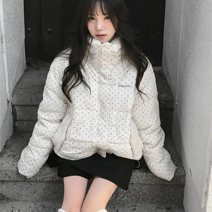 

Women's Chic Sweet Cotton Jaet Korean Sle Thiened Bread Coat Outerwear Corduroy Polka Dot Loose Fit with Fur Collar