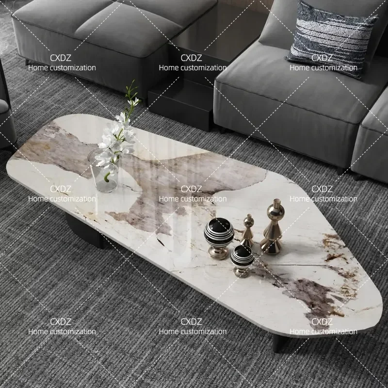 Minimalist Special Shaped Marble Coffee Table Modern Simple Rectangular Tea Table Metal Paint Edge Side Table for Living Room