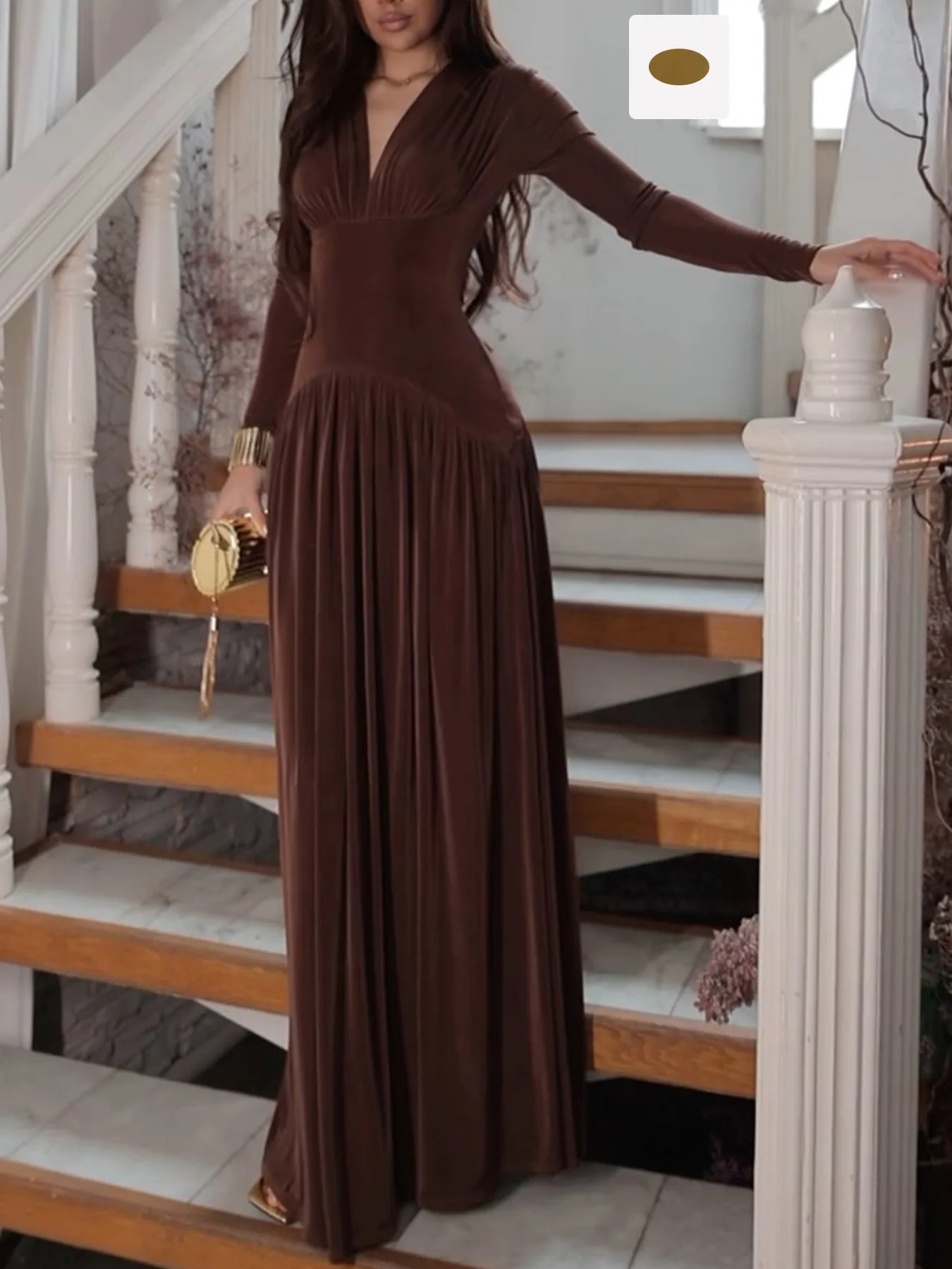 Elegante fluwelen lange damesjurk met V-hals, mode, hoge taille, effen kleur, feestjurk, casual lange mouwen, slanke geplooide maxi-jurk