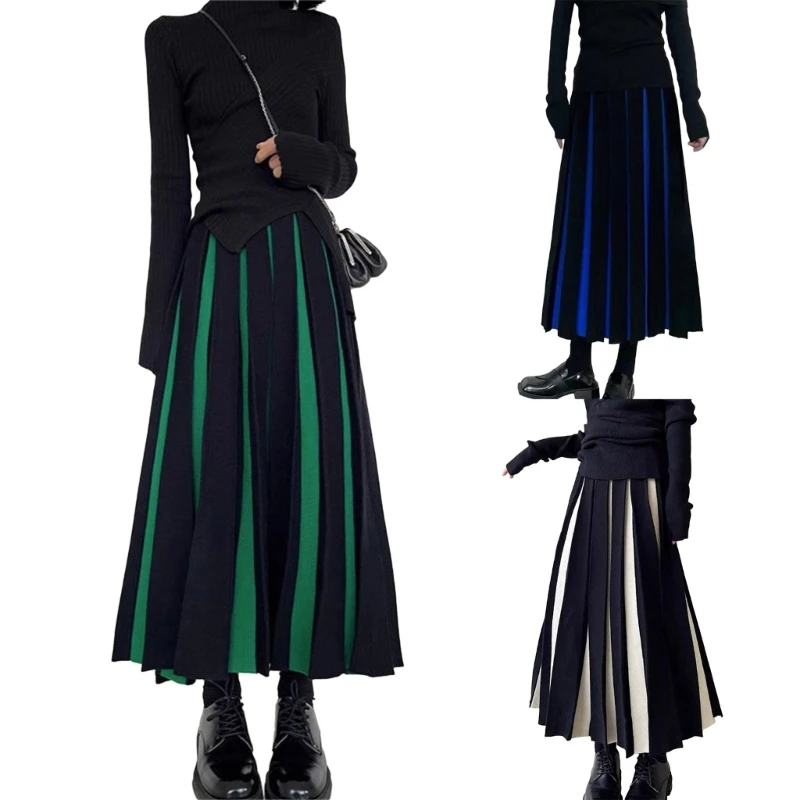 

Womens High Elastic Waist Flared A-Line Midi Skirt Winter Fall Colorblock Striped Knitted Pleated Maxi Long Skirts