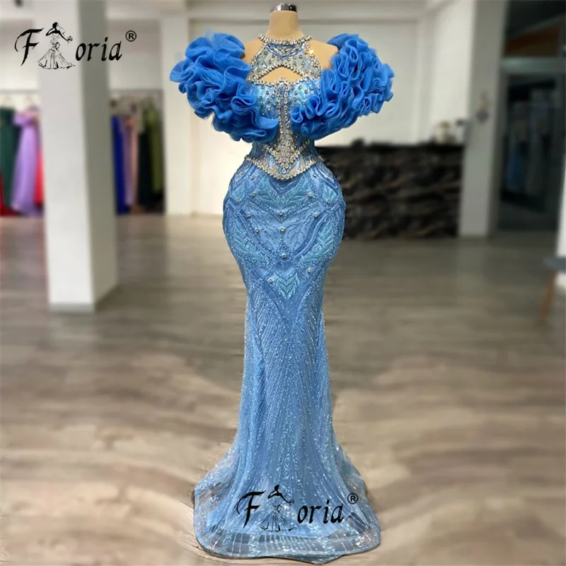 Gorgeous Crystal Ruffles Mermaid Celebrity Dress 3D Leaf Appliques Blue Formal Evening Dresses Lace Prom Gowns Custom Made 2024