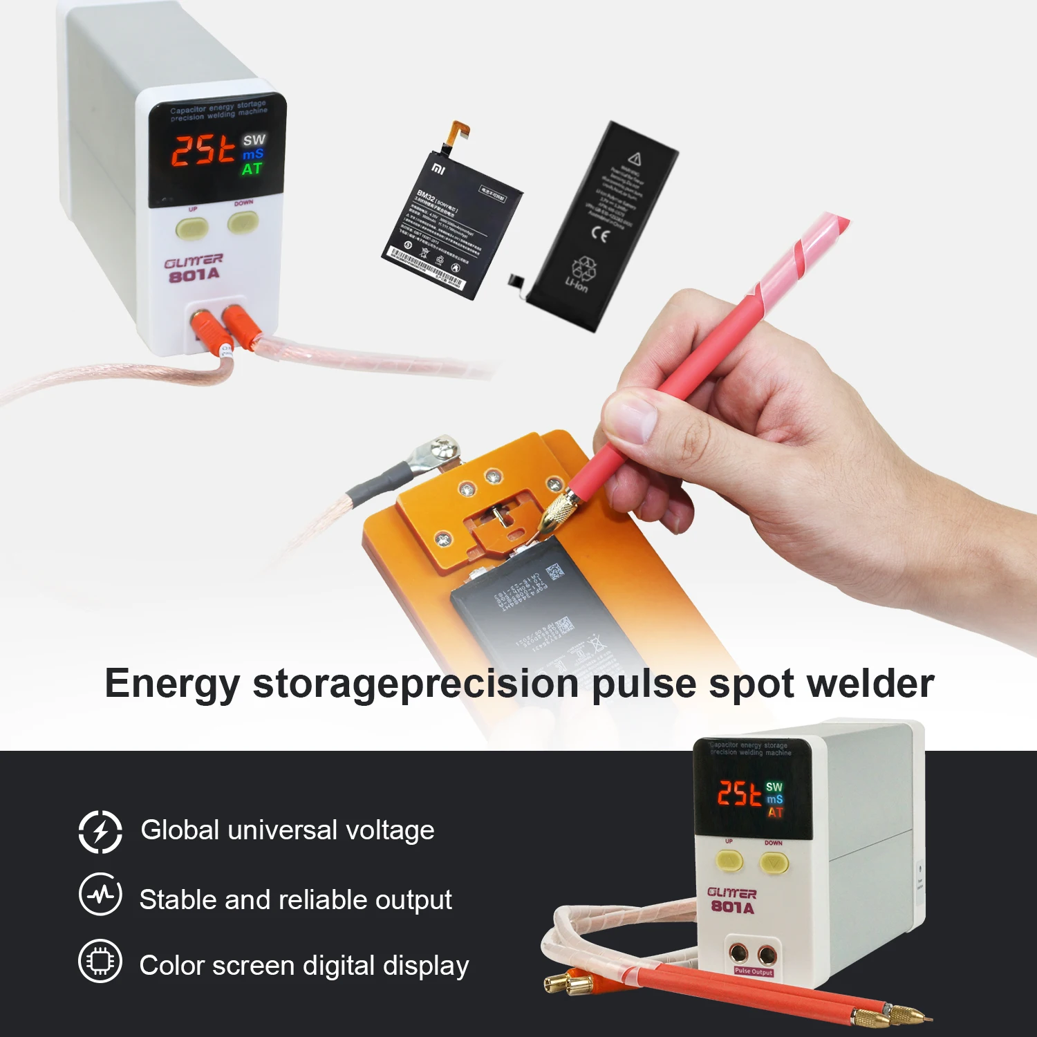 GLITTER 801A Super Capacitor Spot Welder Portable Pulse Battery Welding Machine Handheld Solder Pen 18650 Battery Repair