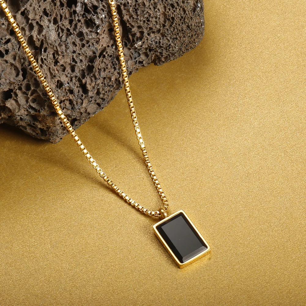 

New Fashion Black Square Zircon Pendant Necklaces For Women Stainless Steel Chain Necklace Jewelry