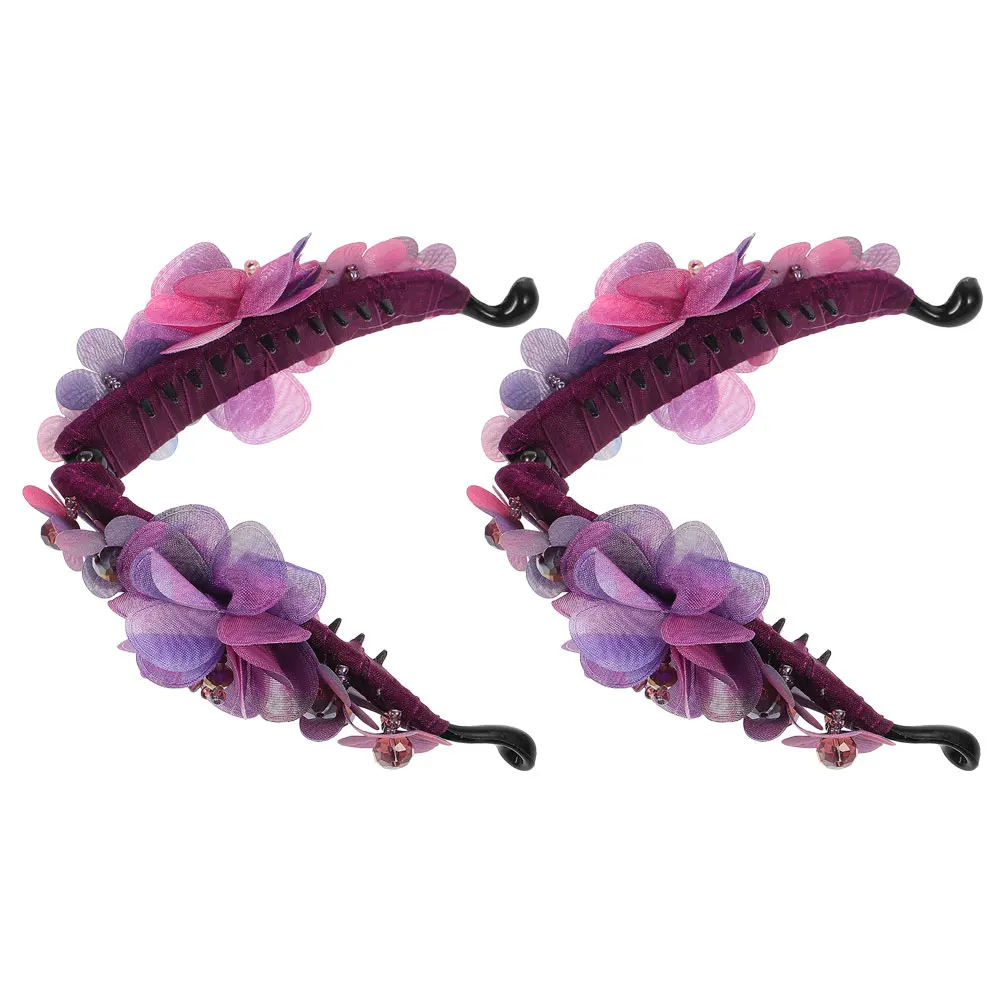 

2Pcs Flower Fabric Banana Hair Clips Purple Red Secure Ponytail Holder Stylish Hair Accessories for Women Flower Banana Clip