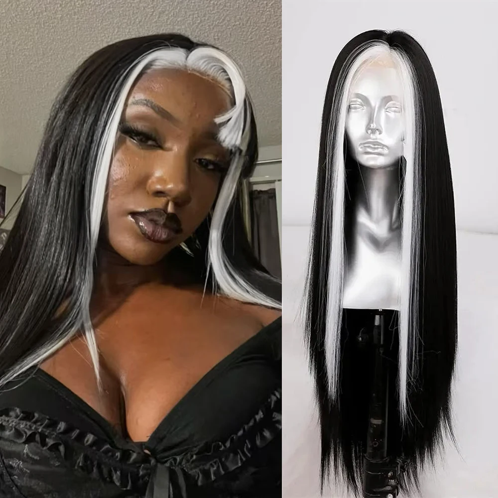 

Белые блики Черный Прямой Парик Фронта Шнурка Черный Микс Белый Термостойкий Синтетический Парик Женщины Косплей Использование Готов к ношению Волос