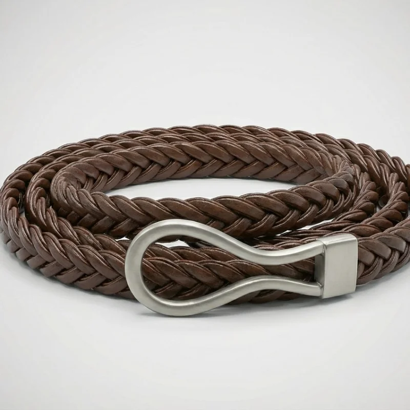 Fashionable Braided Niche-Design Women’s Belt with Circular Buckle Vintage-Style Stretchable Versatile Minimalist Thin Cord Belt