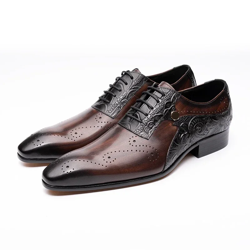 Mens Wedding Dress Brogue Genuine Leather Lace-up Latest Design Fashion Color Match Handmade Leather Man Pointed Dress Shoes