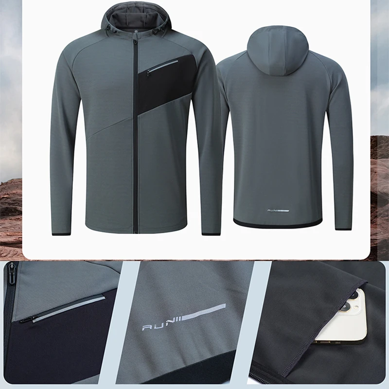 Men Quick Dry Hooded Running Jacket with Multiple Pockets Zipper Long Sleeve Moisture-wick Fitness Gym Sportwear Jogging Shirt