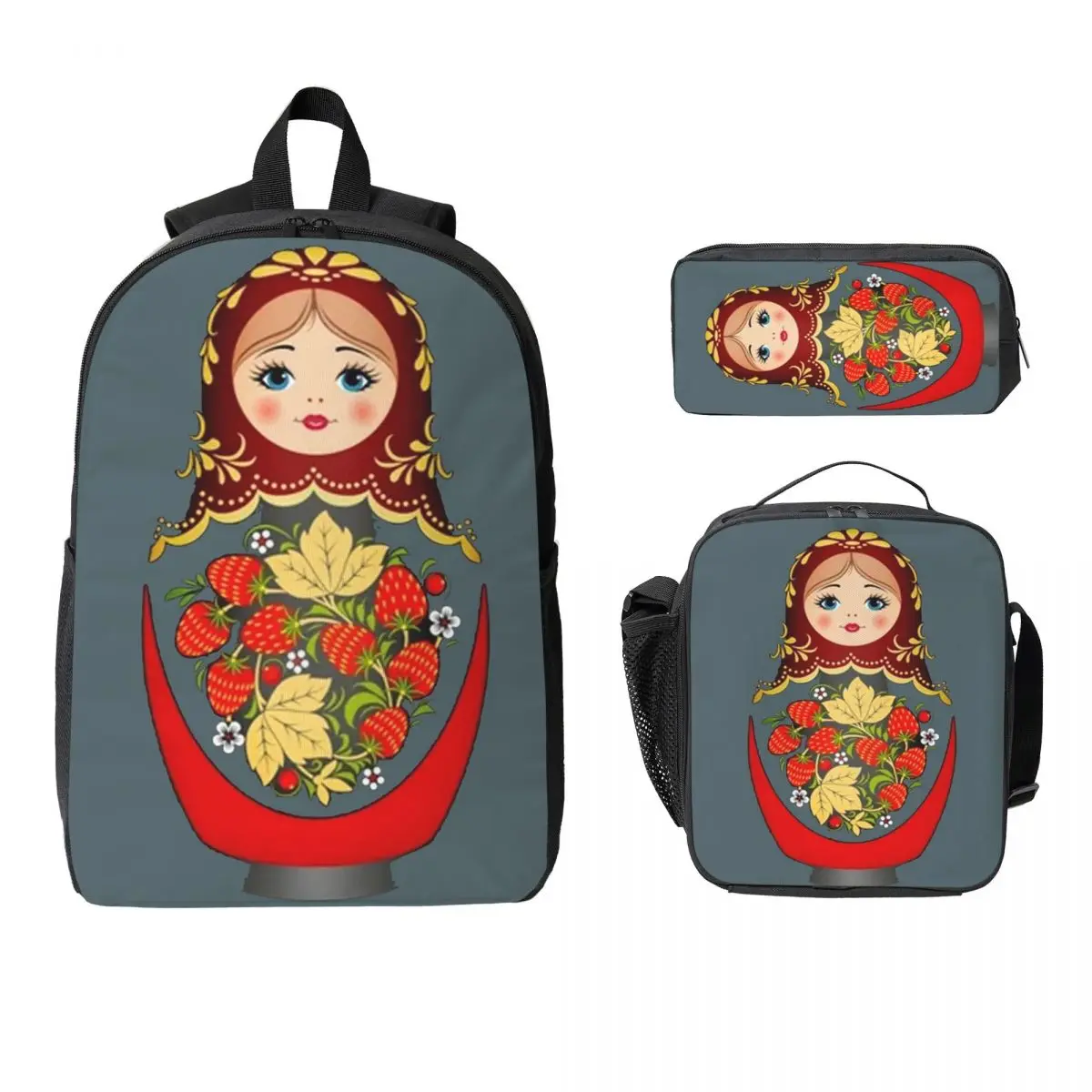 

Matryoshka Russian Nesting Doll Backpack Student Boys Girls BookBag School Bag Shoulder Bags 3ps Insulated Lunch Bag Pencil Case