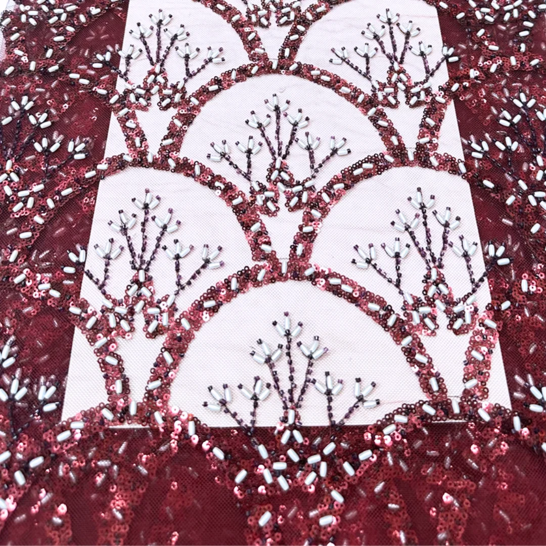 Embroidery Ai - シンプルなシェル刺繍スパンコールビーズ付きレース生地高品質レースフランス製軽量メッシュ生地、ナイジェリアのパーティードレスの縫製に最適