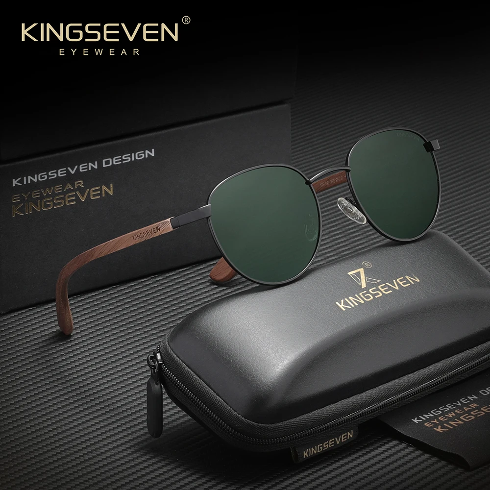 KINGSEVEN Small Round Frame Sunglasses Walnut Wooden For Men Women Driving Eyewear Polarized UV400 Retro Glasses