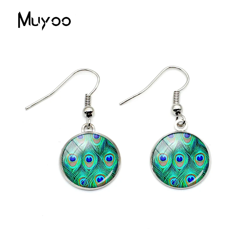 2019 Fashion Beatiful Blue Queen Peacock Bird Nature Fish Hook Earrings Jewelry Glass Dome Art Charm Animal Earrings Gifts