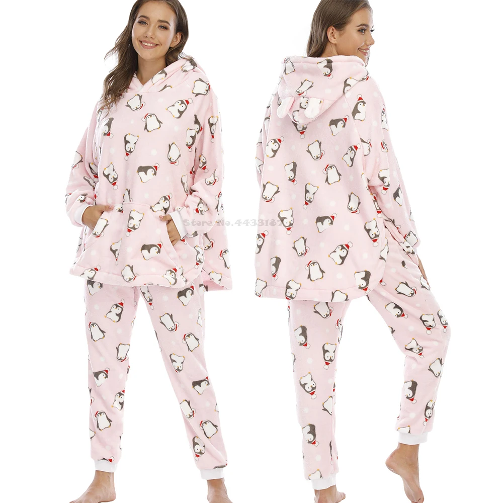 Autumn Winter Flannel Pajamas for Women Cute Pink Print Penguin Cartoon Sleepwear Pijamas Suit Loose Thickened Fleece Home Wear