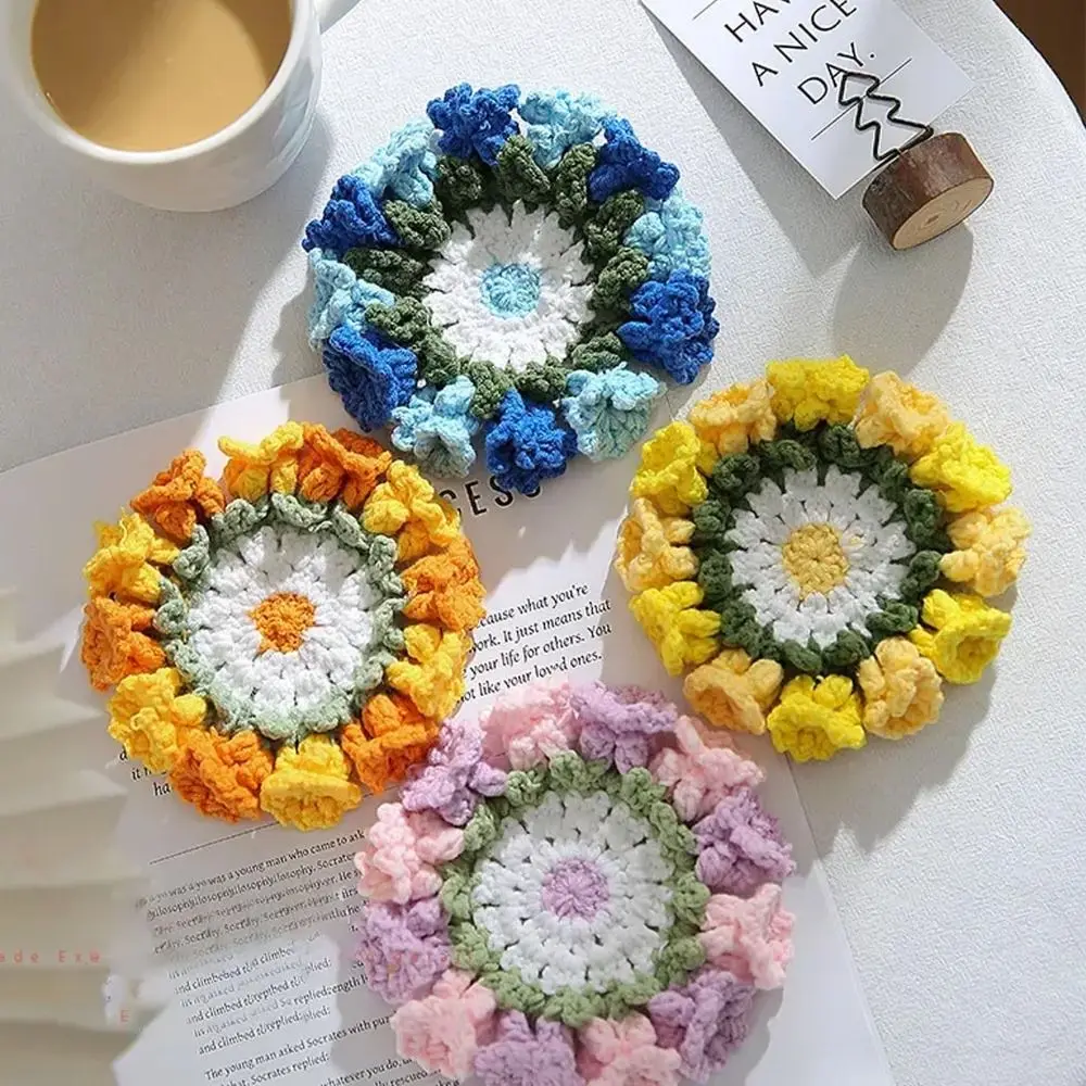 Posavasos de flores de ganchillo para decoración del hogar, accesorios de taza de algodón, tapete de taza de patrón pintado a mano, posavasos de taza de café tejido a mano