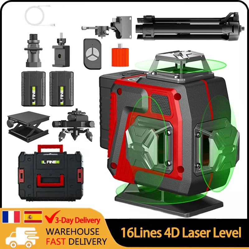 16Lines 4D Laser Level Green Line SelfLeveling 360 Horizontal And Vertical Remote Control Green Beam Laser Levels 2PCS Battery