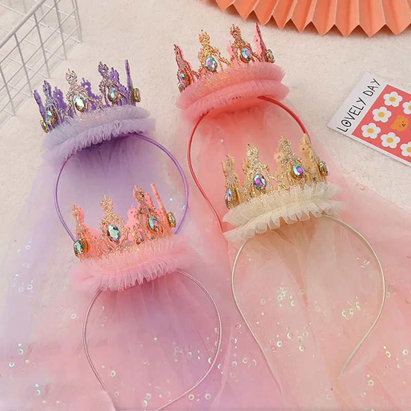 Children\'s Handmade Lace Yarn Princess Crown Hair Band One 123st Happy Birthday Party Decor Fairy Girl Favor Sequin Headwear Hat