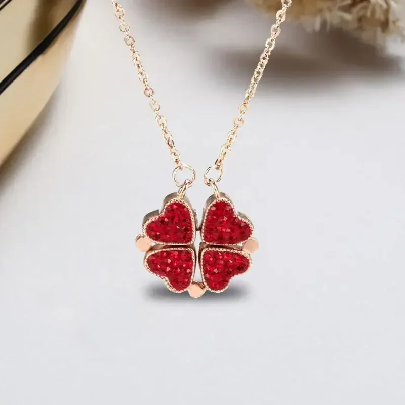 Trendy Red Black Double Side Magnet Buckle Heart Clover Pendant Women Necklaces Female Double Wear Stainless Steel Neck Chain