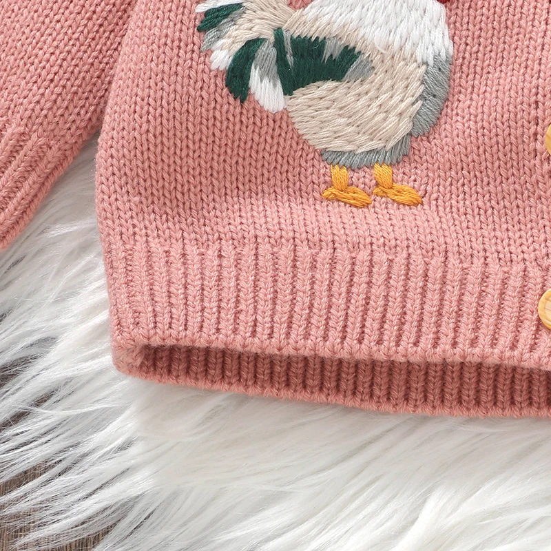 Baby Girl Knit Cardigan Sweater Rooster Embroidery Doll Collar Knitwear Coat Toddler Fall Winter Clothes