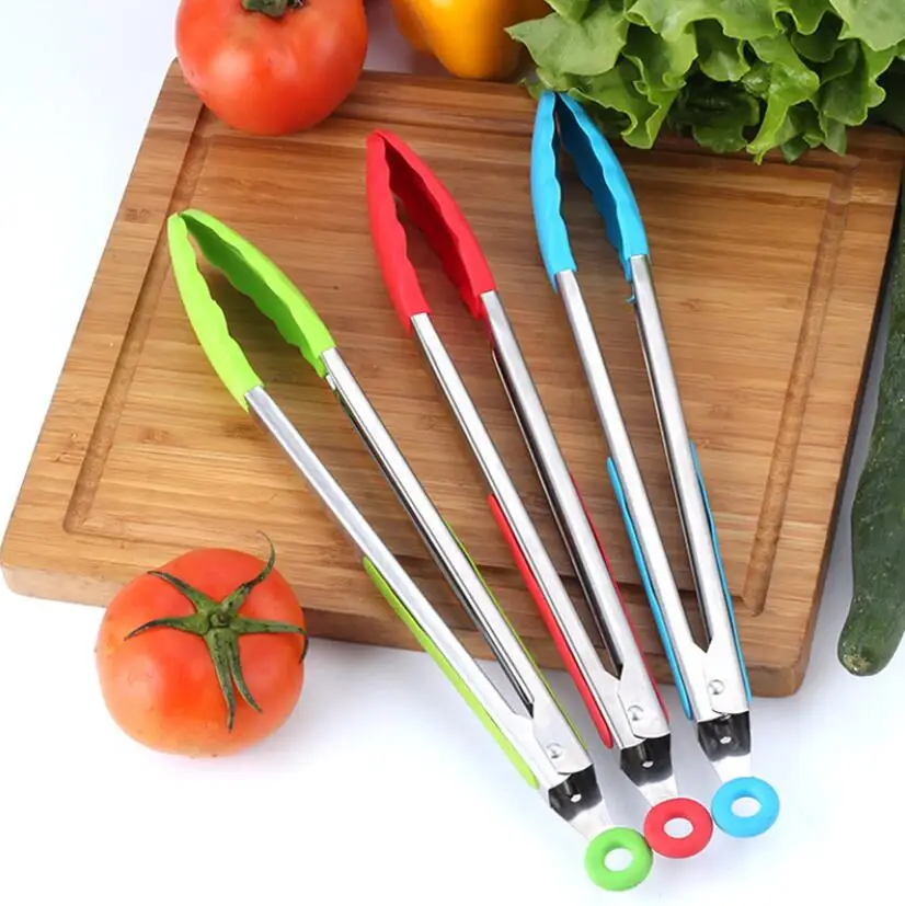 Silicone Food Tong Kitchen Accessories Stainless Steel Kitchen Tongs Silicone Non-slip Cooking Clip Clamp BBQ Salad Tools Grill