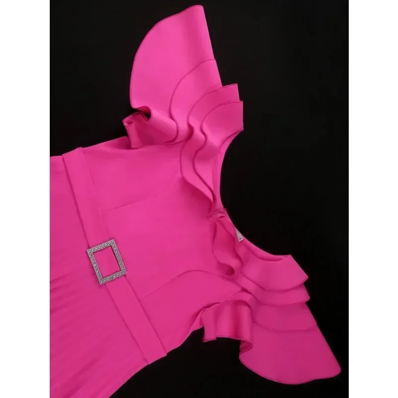 فستان نسائي أنيق طويل بطيات للحفلات المسائية مكشكش ورقبة دائرية وأكمام قصيرة وخصر عالي مع حزام لحفلات الزفاف للضيوف #4