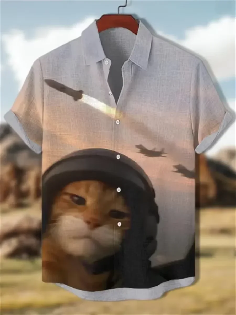 Men's Hawaiian Short Sleeve Shirt Chinese Ink Wash Mountain Cat Pine Tree Print Oriental Vintage Casual Beach Mens Clothing