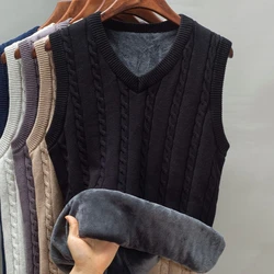 Trend Herbst Pullover Weste Männer V-ausschnitt Solide Embroid Jacquard Weben Plus Samt Verdicken Casual Ärmellose Pullover Gestrickte Tops