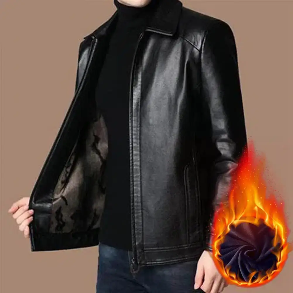 

Men Faux Leather Jacket Stylish Men's Faux Leather Jacket with Plush Lining Business Coat with Zipper Placket Stand Collar Lapel