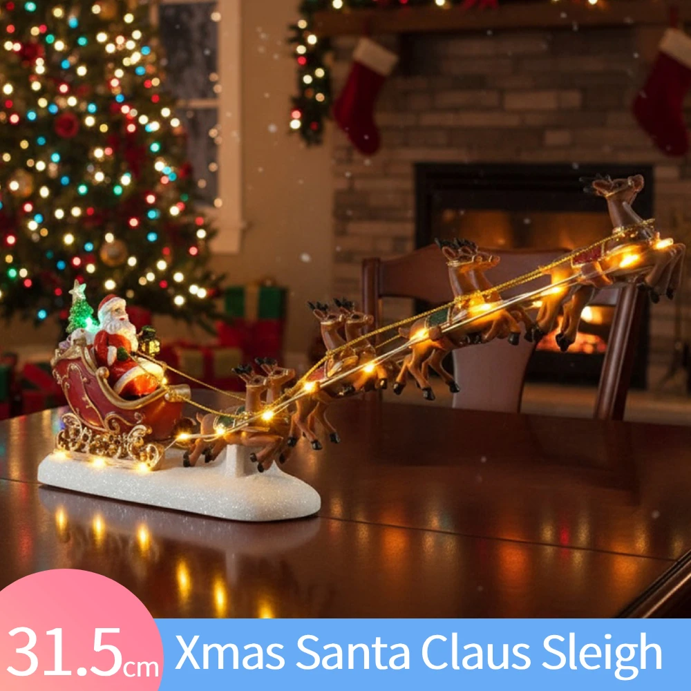 

Рождественские сани Санта-Клауса и фигурка оленя со светодиодной подсветкой, украшение в виде сани Санта-Клауса, рождественское украшение для дома, настольное украшение, подарок
