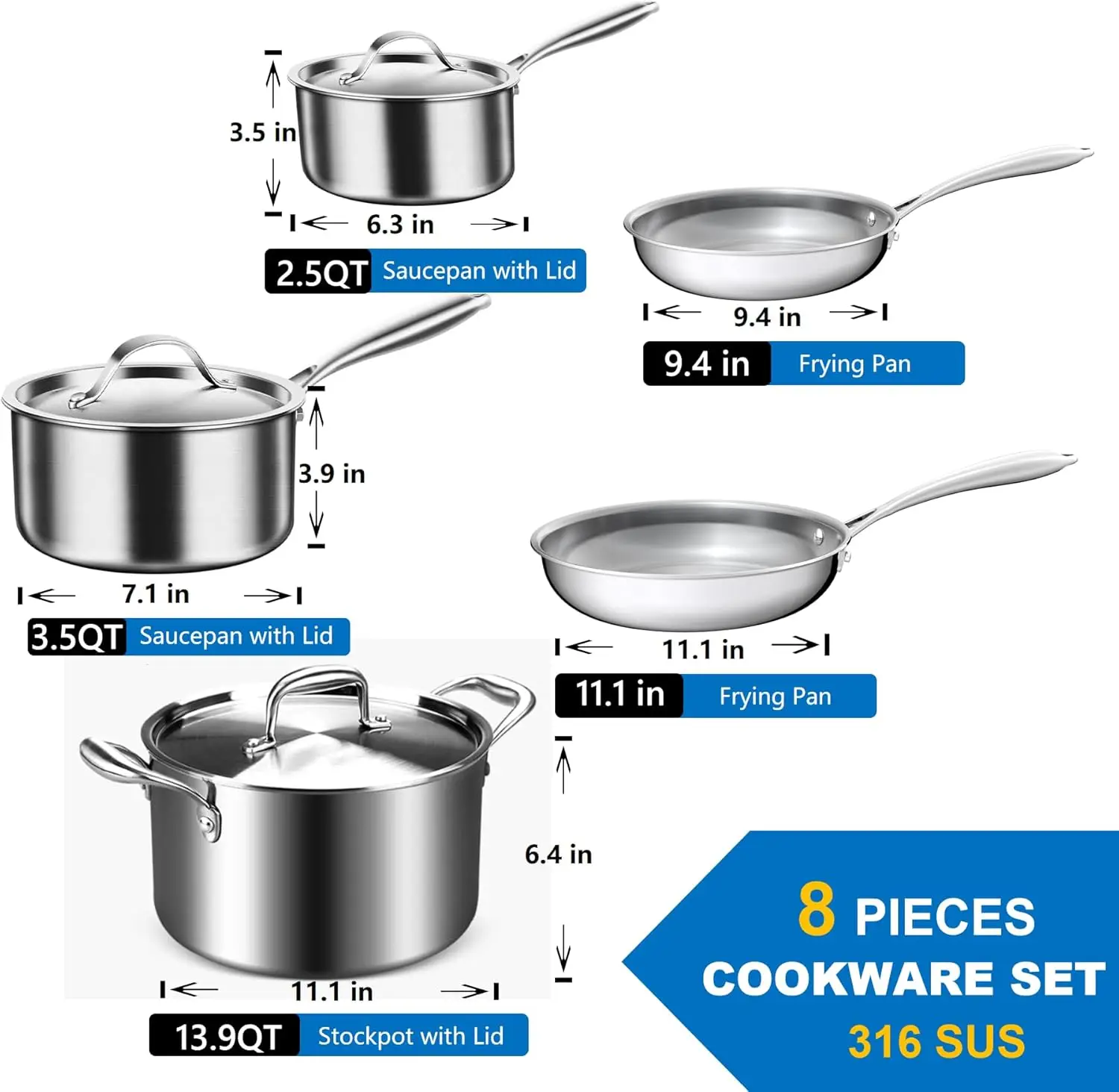 طقم أواني طهي من الفولاذ المقاوم للصدأ مكون من 5 طبقات، 8 قطع، طقم أواني ومقالي احترافي، 650 ℉   مجموعة أواني طهي آمنة للتدفئة المتساوية، Premium Cookw