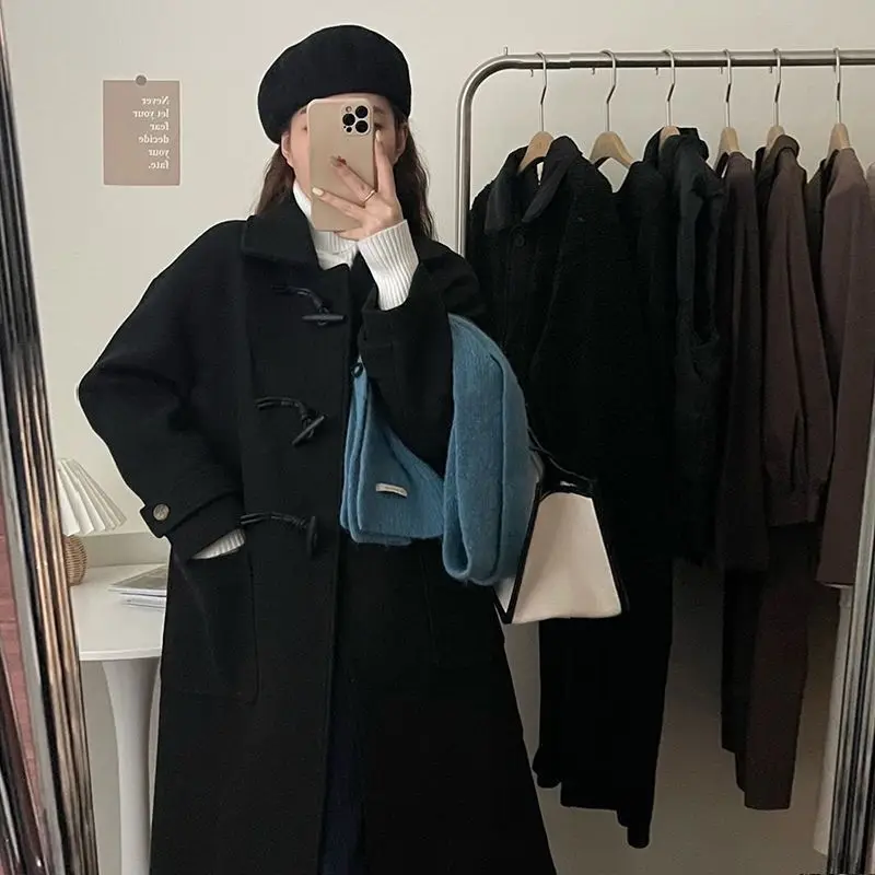 

Wool Blend Coats Mid Long Womens Coat Black Winter Velvet Regular Contrasting Unique Gothic Style Conference Artistic Leisureful