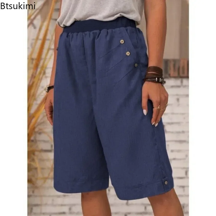 Summer Women's Breathable Loose Shorts Fashion Solid Elastic Waist Casual Pocket Short Trousers Ladies Daily Home Straight Pants