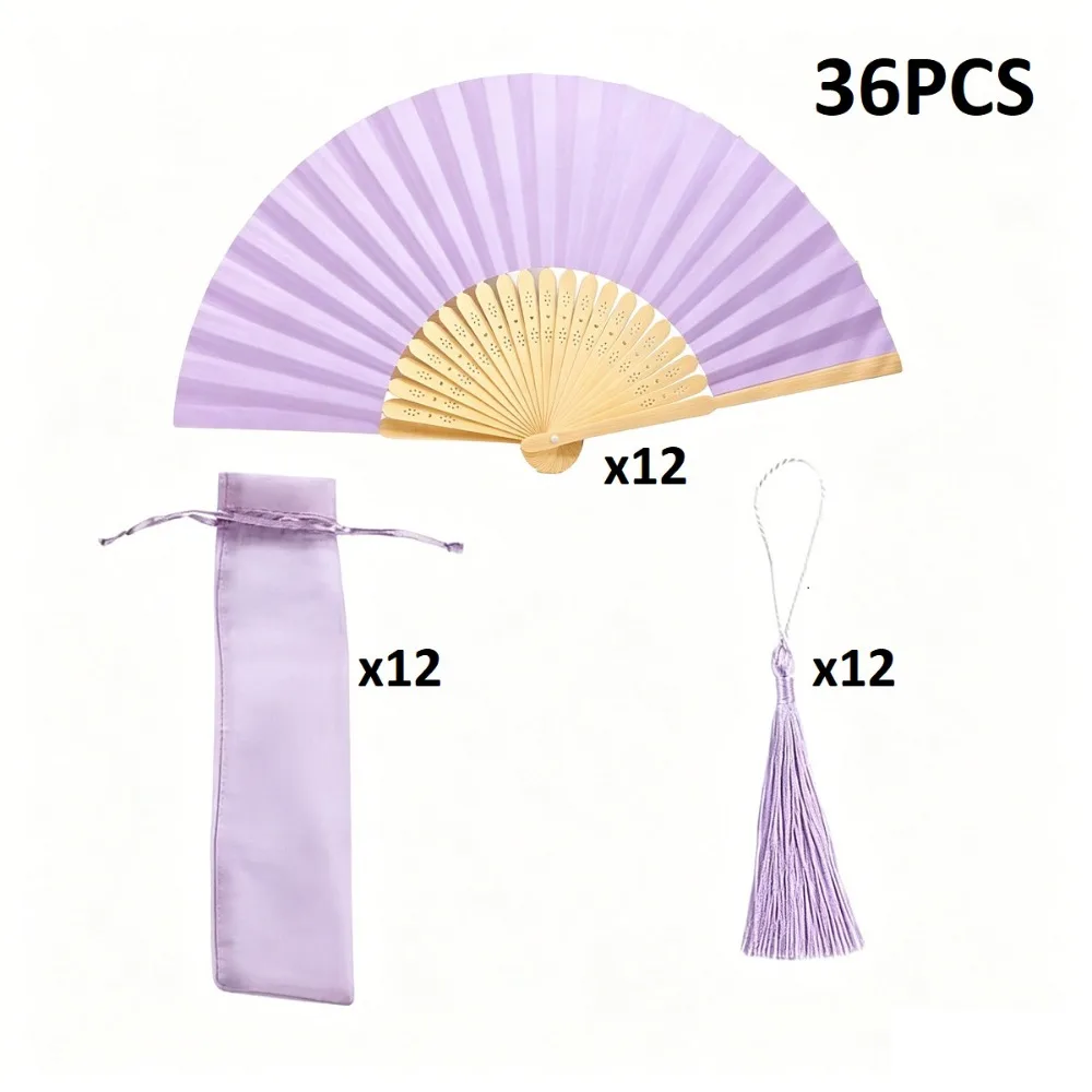 36-Piece Lavender-Colored Fan Set: Bulk Tassel Bags, 12 Fans, 12 Bags, 12 Tassels, Elegant Bamboo Folding Fans,