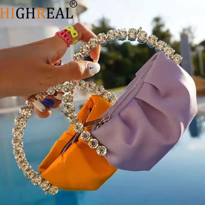 HIGHREAL – sac à main en cuir pour femmes, pochette à strass de styliste, à poignée, à bandoulière, brillant, en cristal