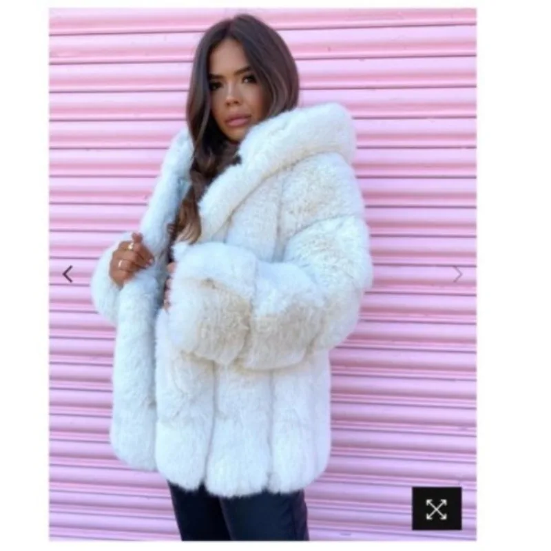 الأوروبية والأمريكية الأزياء الثعلب الفراء تقليد معطف الفرو المرأة مقنعين المرقعة معطف متوسط طويل الملابس النسائية