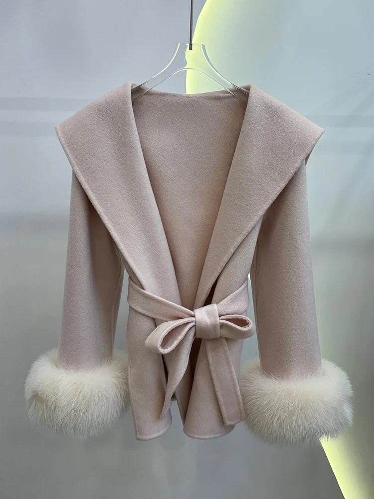 New Real Fur Coat Winter Wool Woolen Jacket Women Natural Fox Fur Cuffs Cashmere Ladies Belt Outerwear Streetwear Hot Sale