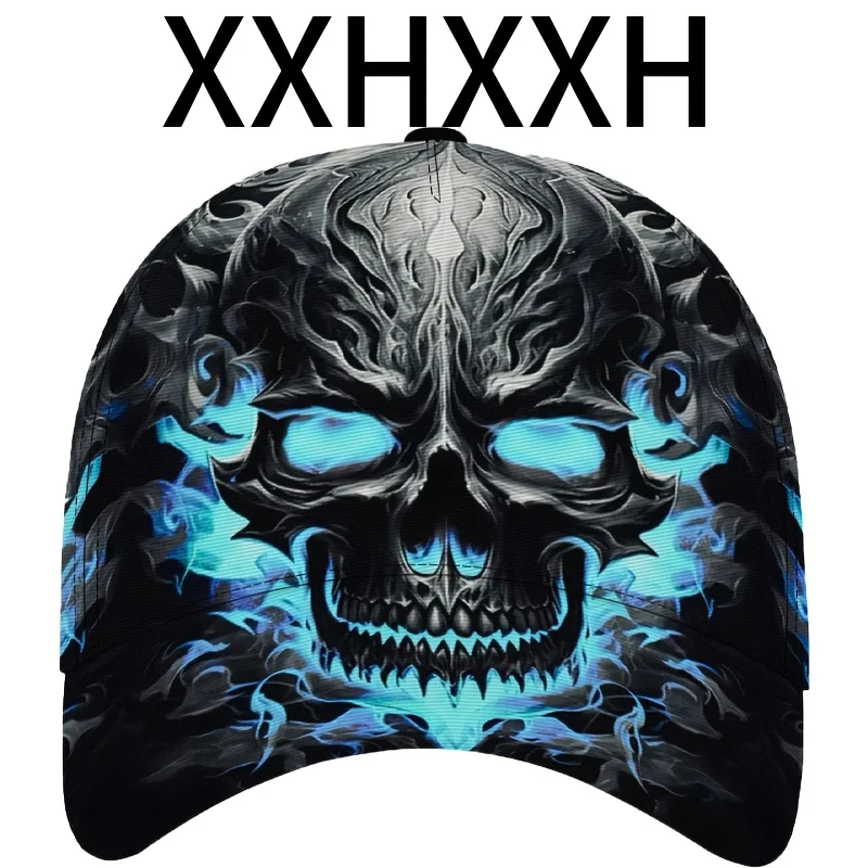 Custom A Baseball Cap Featuring A Unique Design With Blue Flames And Skull Graffiti - Adjustable Size, Cool Patterns, Sporty